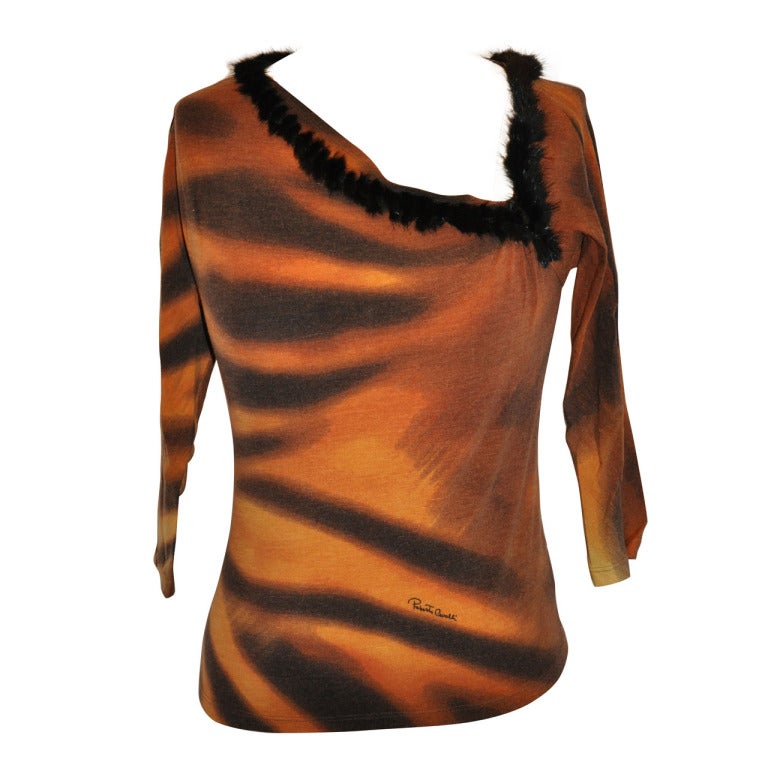 Roberto Cavalli Leopard Print with Mink Trim Stretch Pull-Over For Sale