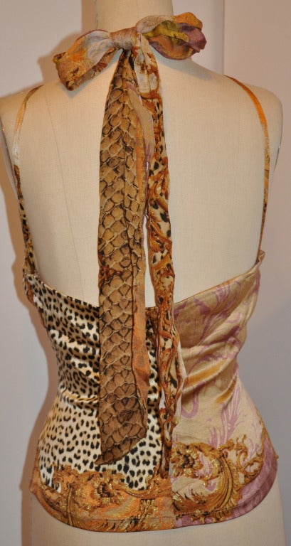 Roberto Cavalli Halter Tie-Back Pull-Over Silk Stretch Top In Excellent Condition In New York, NY