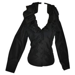 Black Silk Taffata Top with Oversized Collar 5