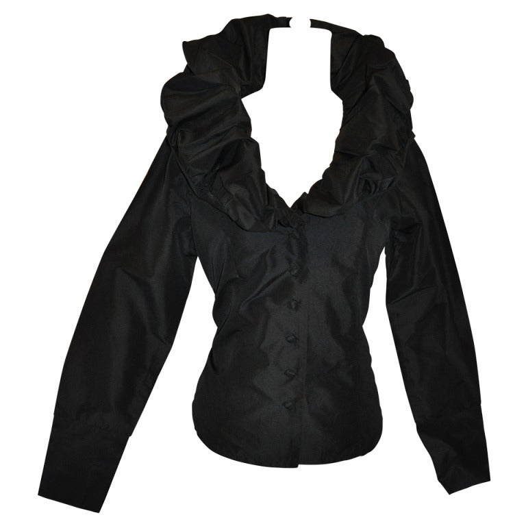Black Silk Taffata Top with Oversized Collar