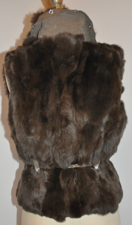 Brown Sheared Fur Vest with Rhinestone Grommet Accents