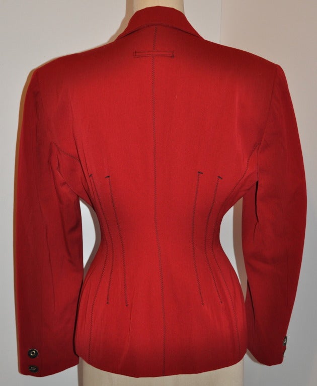 Red Jean Paul Gaultier with Black Leather Eyelet Detailing Blazer For Sale