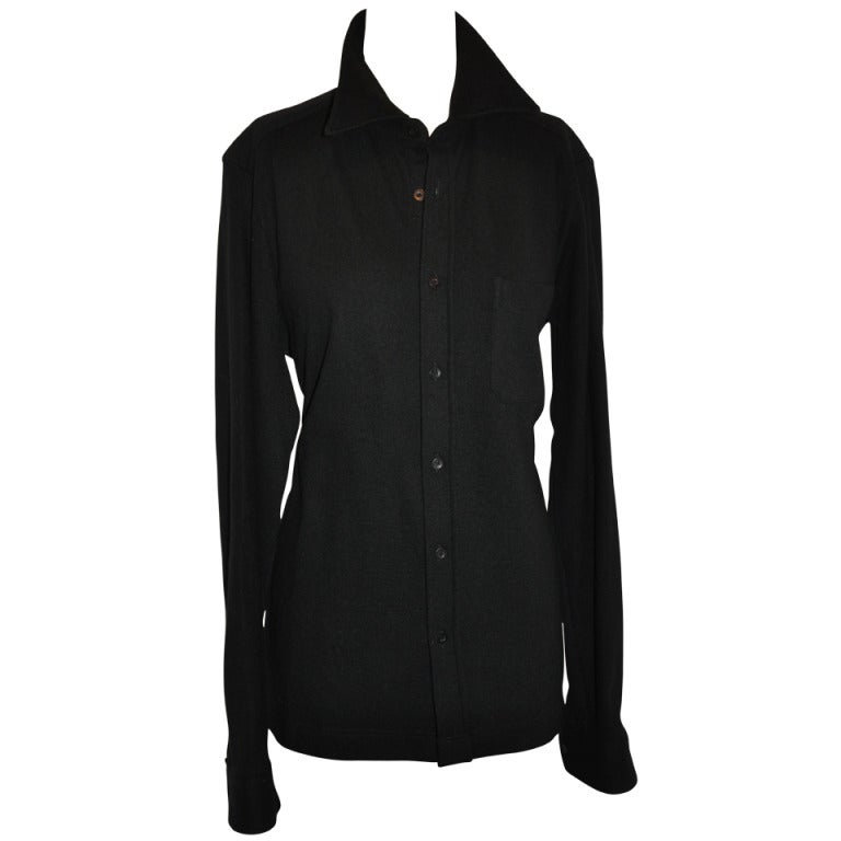 Dries Van Noten Men's Black Wool-Crepe Button Shirt For Sale