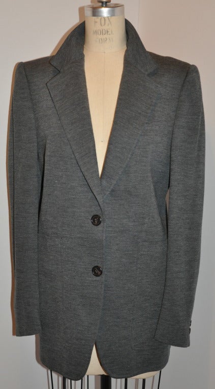 Runway Piece, This wonderful elegant Yoshi Yamamoto gray wool jersey jacket has a optional tie belt if desired.
   Hand-sewn wool felt interfacing underneath back collar, fully lined with gray cotton, the interior has three (3) set-in pockets,