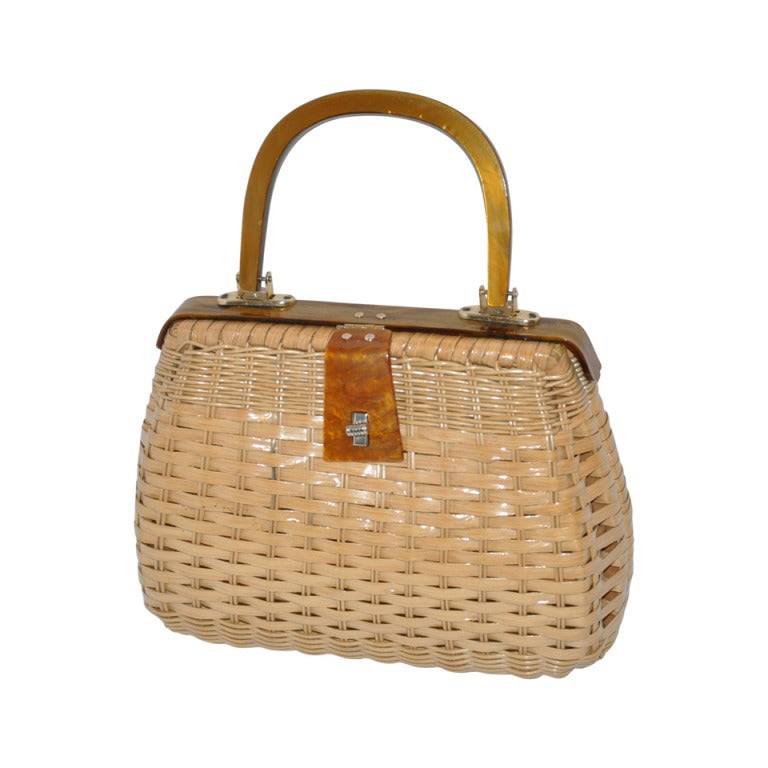 Beige with Tan Lucite Frame Wicker Handbag