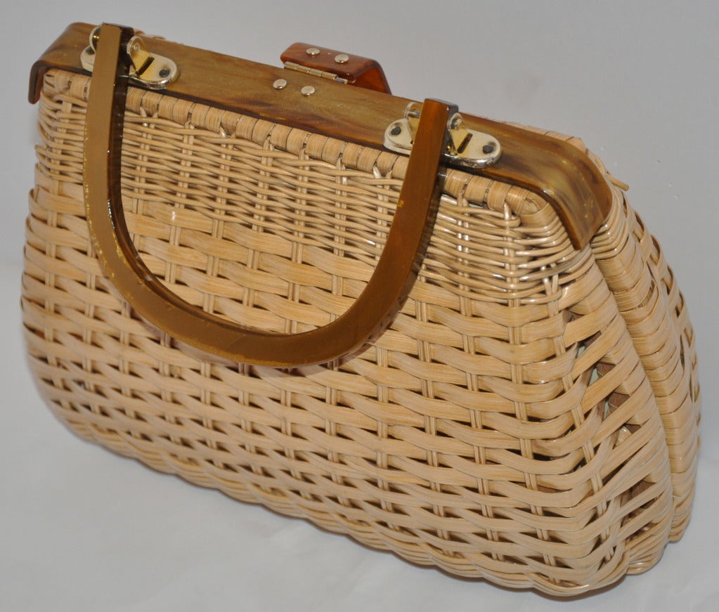 Beige with Tan Lucite Frame Wicker Handbag In Excellent Condition In New York, NY