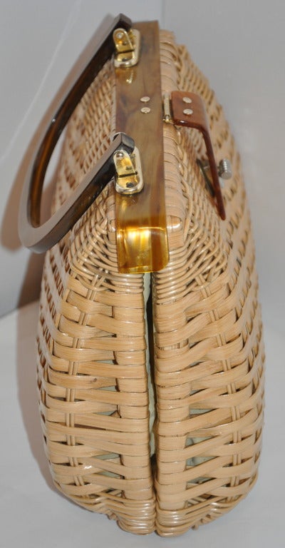 Women's Beige with Tan Lucite Frame Wicker Handbag