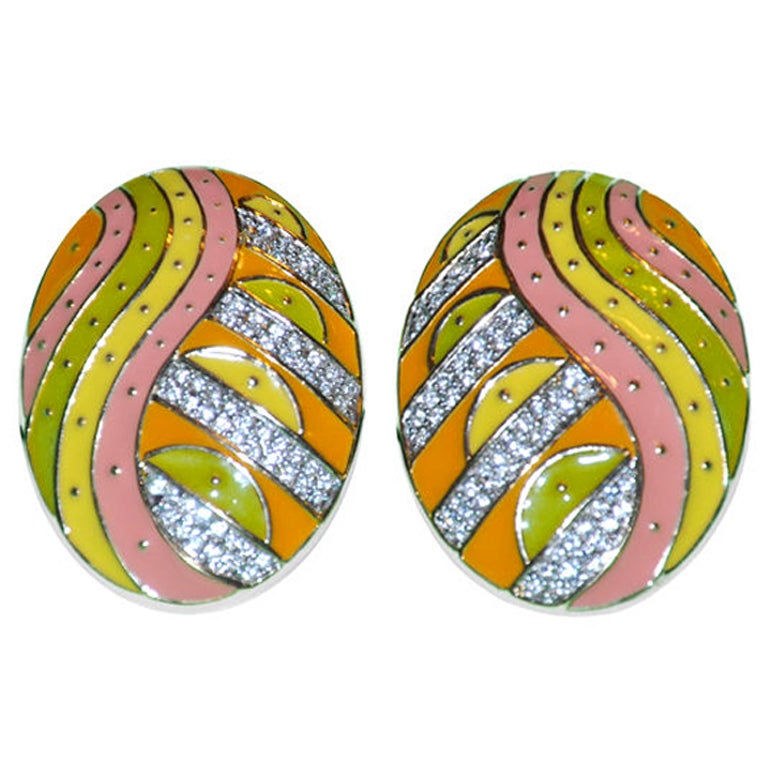 Guy Laroche multi-colored enamel & crystal earclips For Sale