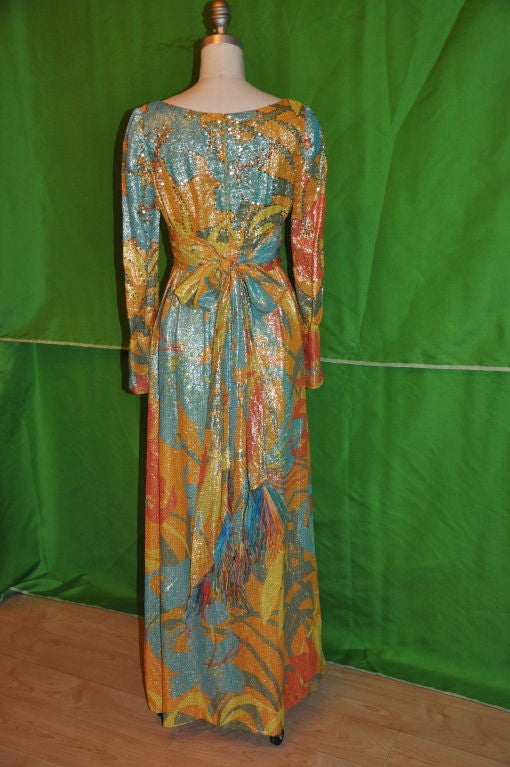 Brown Multi-colored lame maxi dress with Ostrich feathers tie belt