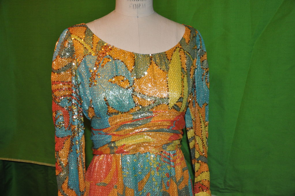 Multi-colored lame maxi dress with Ostrich feathers tie belt In Good Condition In New York, NY