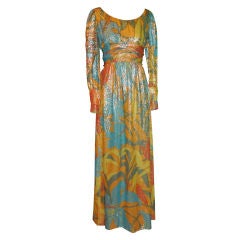 Multi-colored lame maxi dress with Ostrich feathers tie belt