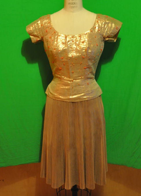 Brown Gold lame with coral beans detailing 2-piece ensemble For Sale