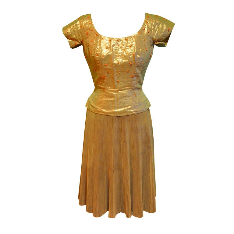 Gold lame with coral beans detailing 2-piece ensemble For Sale