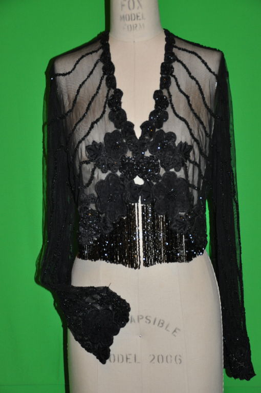 Adrienne Landau netted evening jacket has embroidery detailing along with micro sequins and seed beading within. The front cascades with black seed beading. The back length measures 17 1/4 inches, neck-to-shoulder is 6 inches, sleeves are 23 1/2
