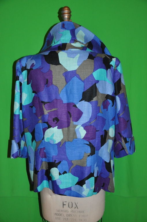 Blue Pauline Trigere Abstract motif silk jacket