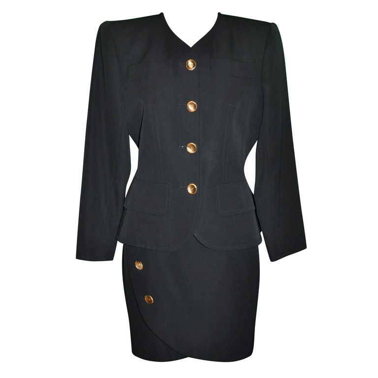 Yves Saint Laurent black wool wrap skirt suit For Sale at 1stDibs