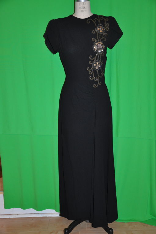 Vintage black crepe gown with embellishment