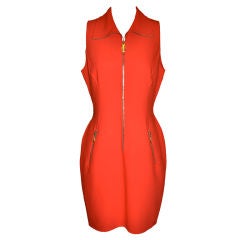 Donna Karan - Robe fourreau à fermeture éclair rouge fluo avec étiquette noire