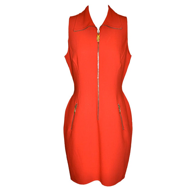Donna Karan black-label Neon red zipper sheath dress For Sale
