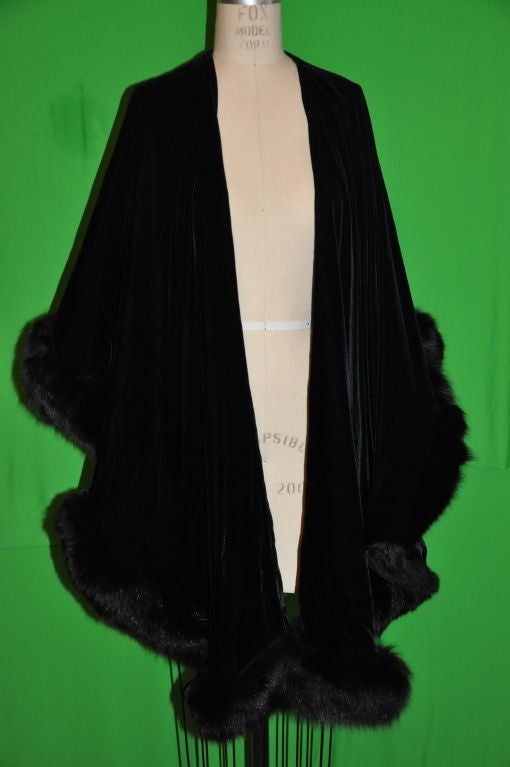 Women's Adrienne Landau black velvet with fox trim shawl