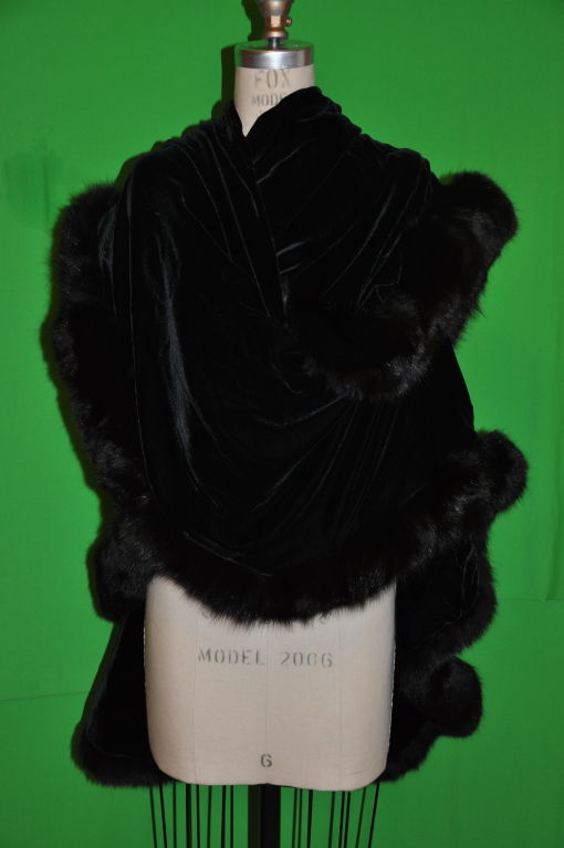 Adrienne Landau black velvet with fox trim shawl 2