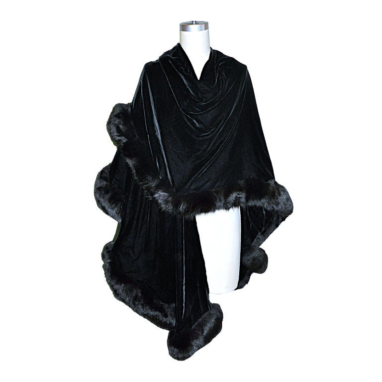 Adrienne Landau black velvet with fox trim shawl