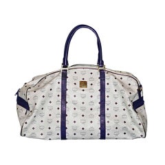 Retro MCM White and Navy Signature Logo "Weekend" Embossed Leather Weekender