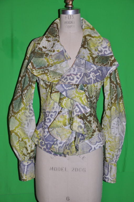 Roberto Cavalli multi-colored shades of greens ruffled open jacket has slightly fitted sleeves towards the top and opens up to fullness towards the 3 3/4