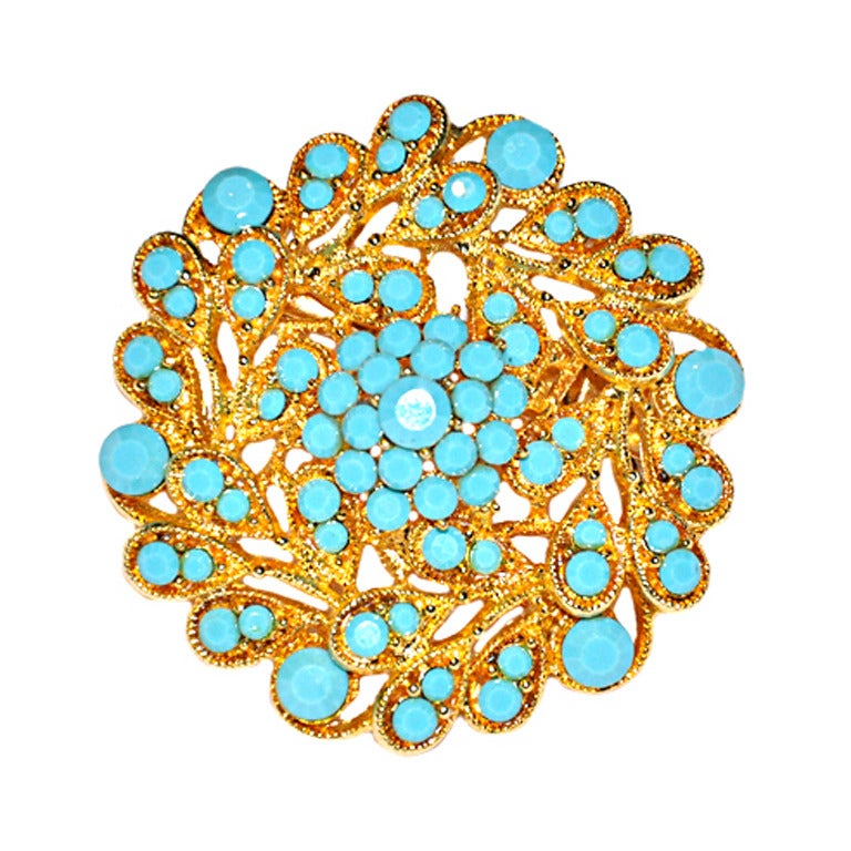 Turquoise gilded gold brooch/hair clip For Sale