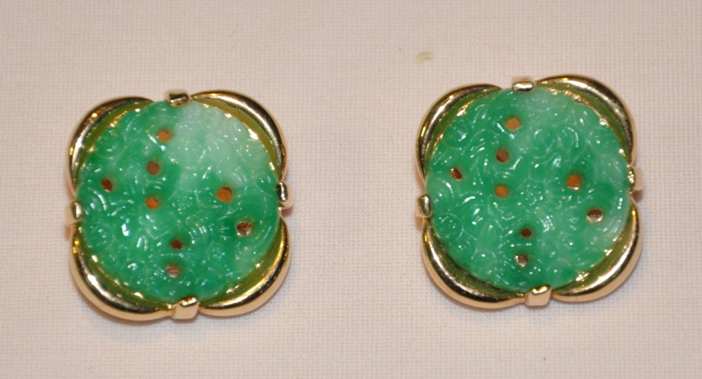 Jadeite and gilded gold clip-on earrings