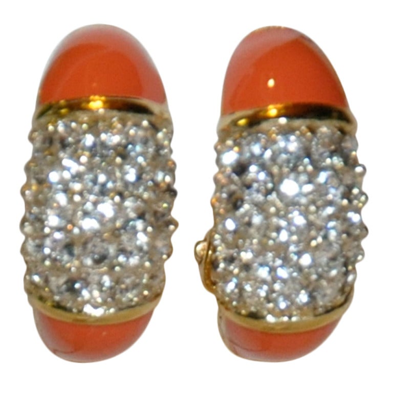 Orena Gilded Gold with Diamond and Coral Earrings For Sale