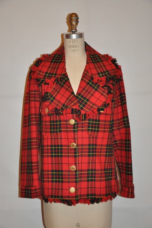 Moschino Plaid with fringe jacket In Excellent Condition For Sale In New York, NY