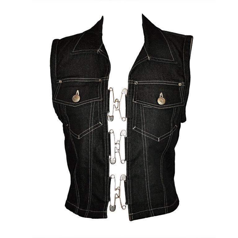 Jean Paul Gaultier denim "Safety Pin" vest For Sale