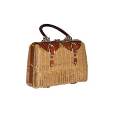 Vintage Natural wicker handbag with leather and gold hardware