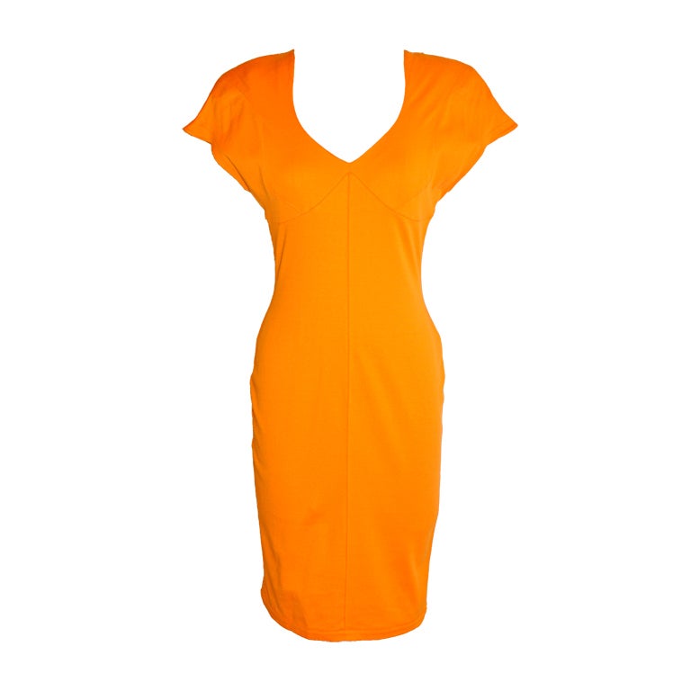 Thierry Mugler Yellow form-fitting tangerine asymmetric dress For Sale