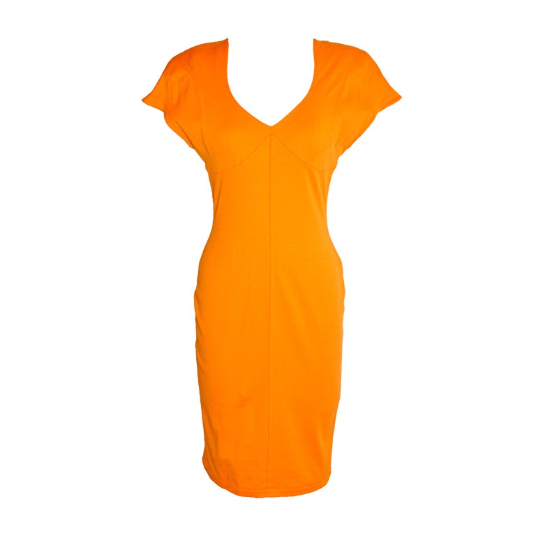 Thierry Mugler Yellow form-fitting tangerine asymmetric dress For Sale