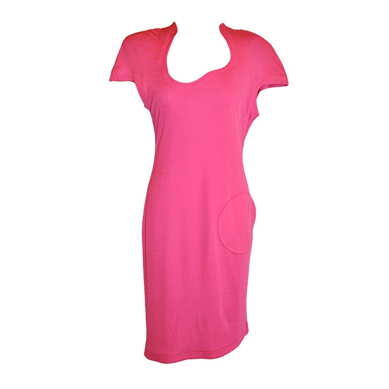 Thierry Mugler Signature Form-Fitting Fuchsia Jersey Asymmetrically-Cut Dress For Sale