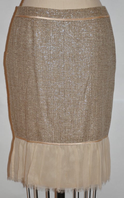 Brown Burberrys metallic wool belend skirt with chiffon hem For Sale