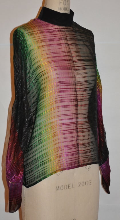 Alma silk chiffon sheer multi-colored high-neck top measures 21