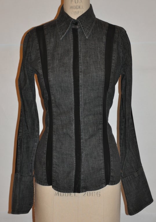 Gianfranco Ferre Black denim top has panels of black silk crepe de chine. The sleeves have 