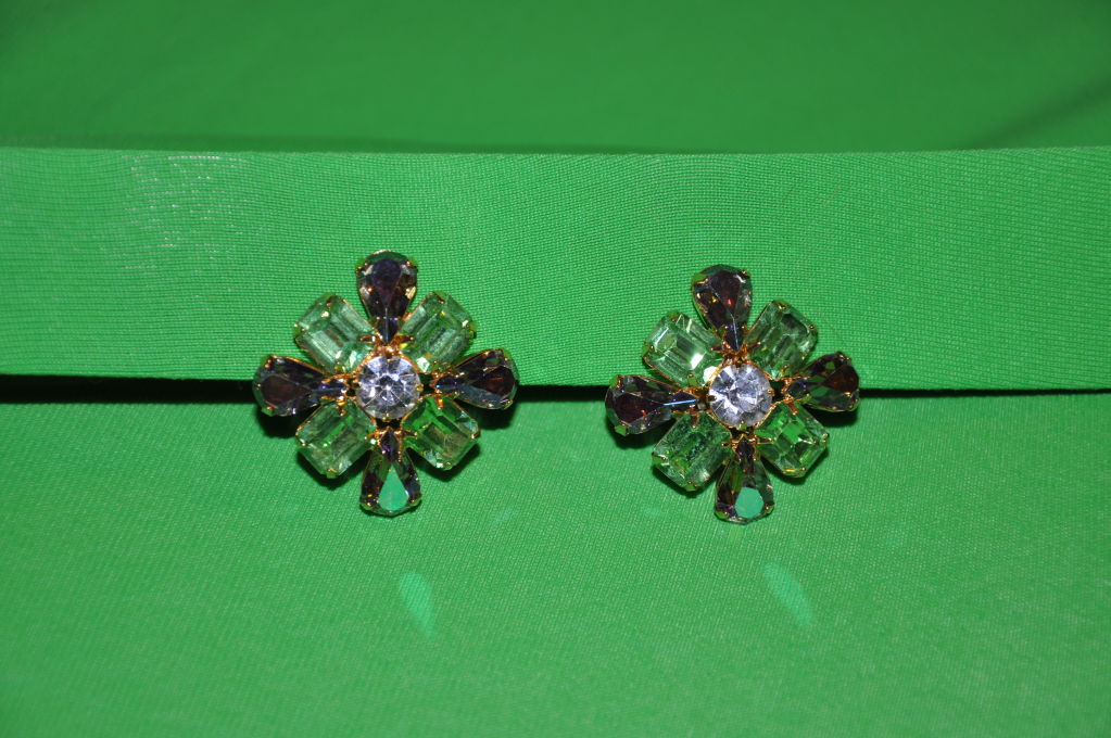Multi-colored Rhinestone clip on earrings For Sale