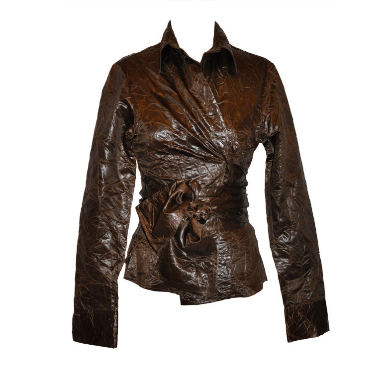 Silvia Tcherassi brown silk wrinkle wasavi wrap top For Sale