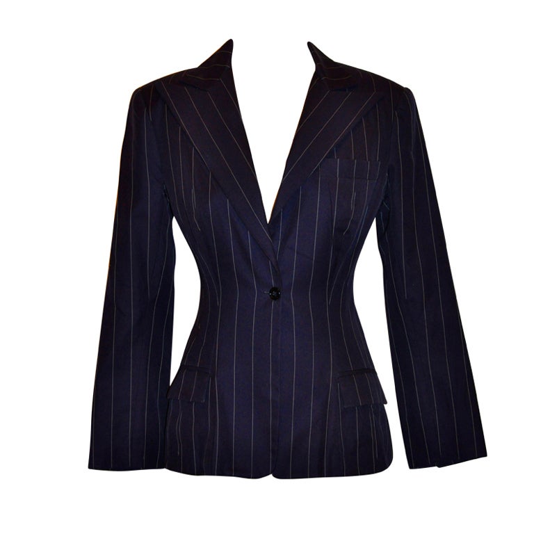 Norma Kamali navy pinstripe jacket For Sale