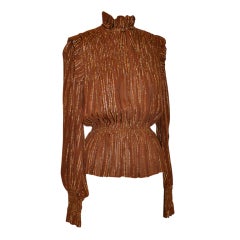Oscar de la Renta Bronze chiffon metallic ruffled blouse 2