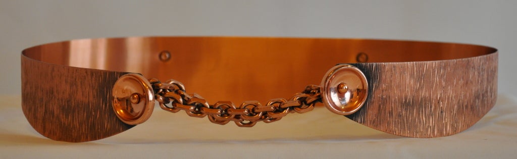 Renoir Copper belt measures 1 3/4 in height. The waist can be adjusted and measures 26