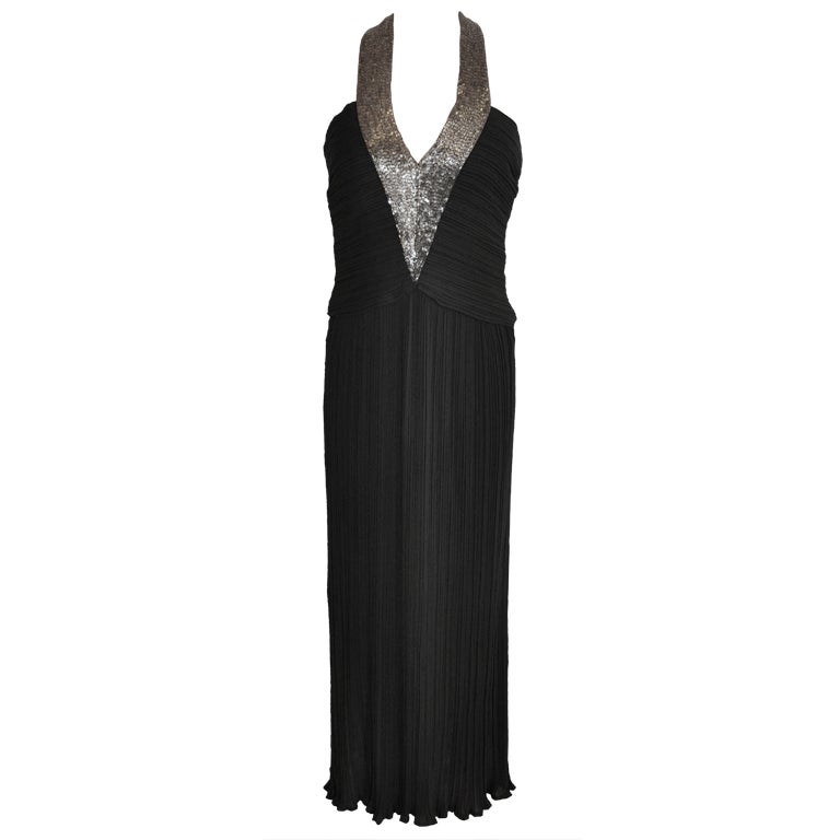 Alfred Bosand bugle beaded halter pleated gown For Sale at 1stDibs