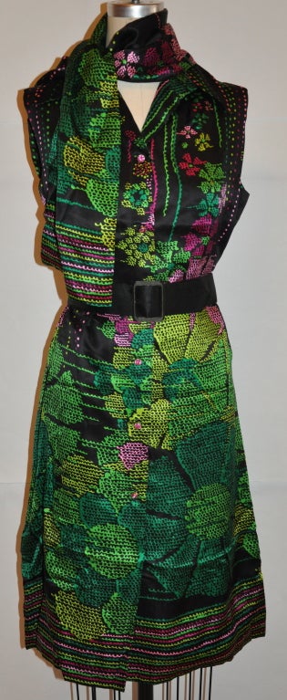 Black Pauline Trigere silk floral dress with matching scarf & belt For Sale