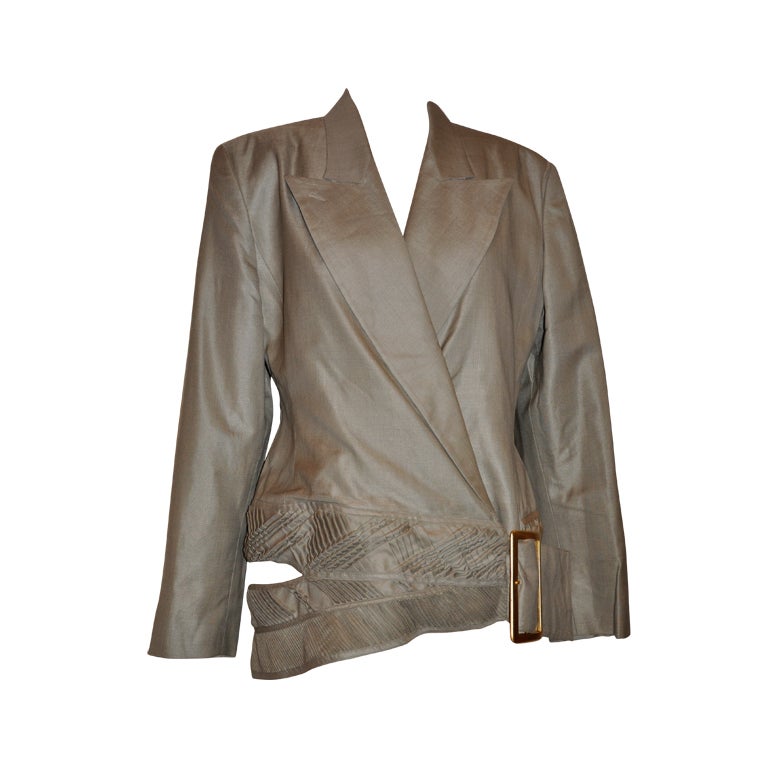 Alma Couture taupe asymmetric hemline jacket For Sale