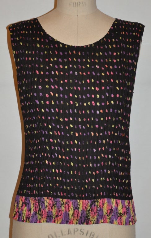 Issey Miyake black tank has multi-color polka dots accents.
  Front measures 17 1/4