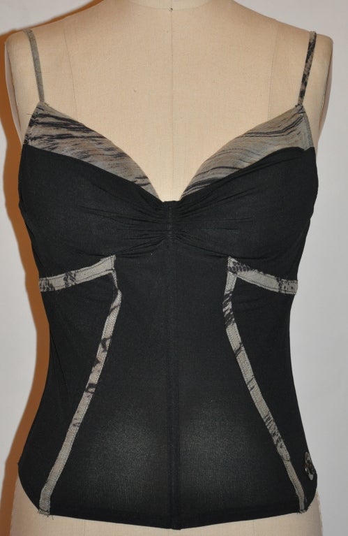 Roberto Cavalli black with gray boning bustier has boning in seven sections for a more comfortable fit and wear. The center back has an zipper which measures 9